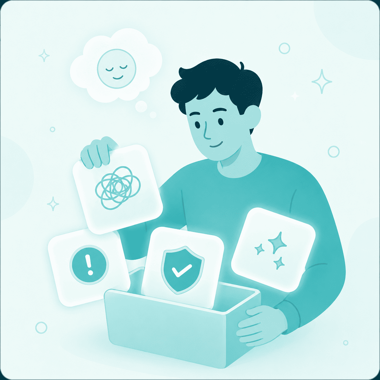 Illustration of a student sorting clinical evidence cards